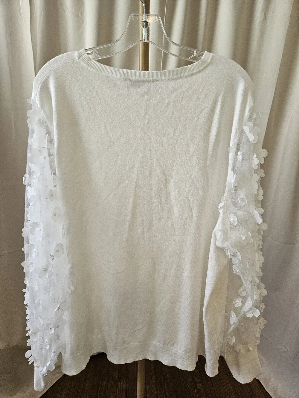 Sioni Off White Fuzzy Sweater Sheer Bubble Sleeves 3D Floral Top 3X